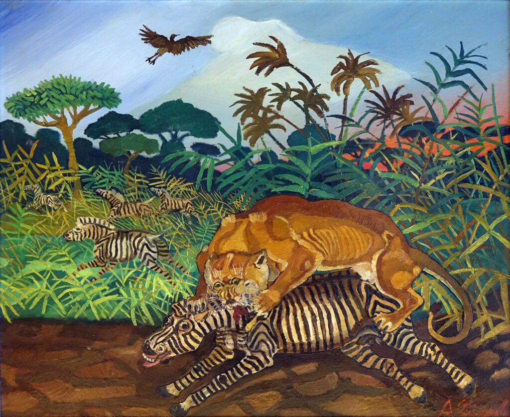 Antonio Ligabue, Leonessa con zebra, 1959 - 1960, olio su tavola di faesite, Corporate Collection La Galleria BPER Banca
